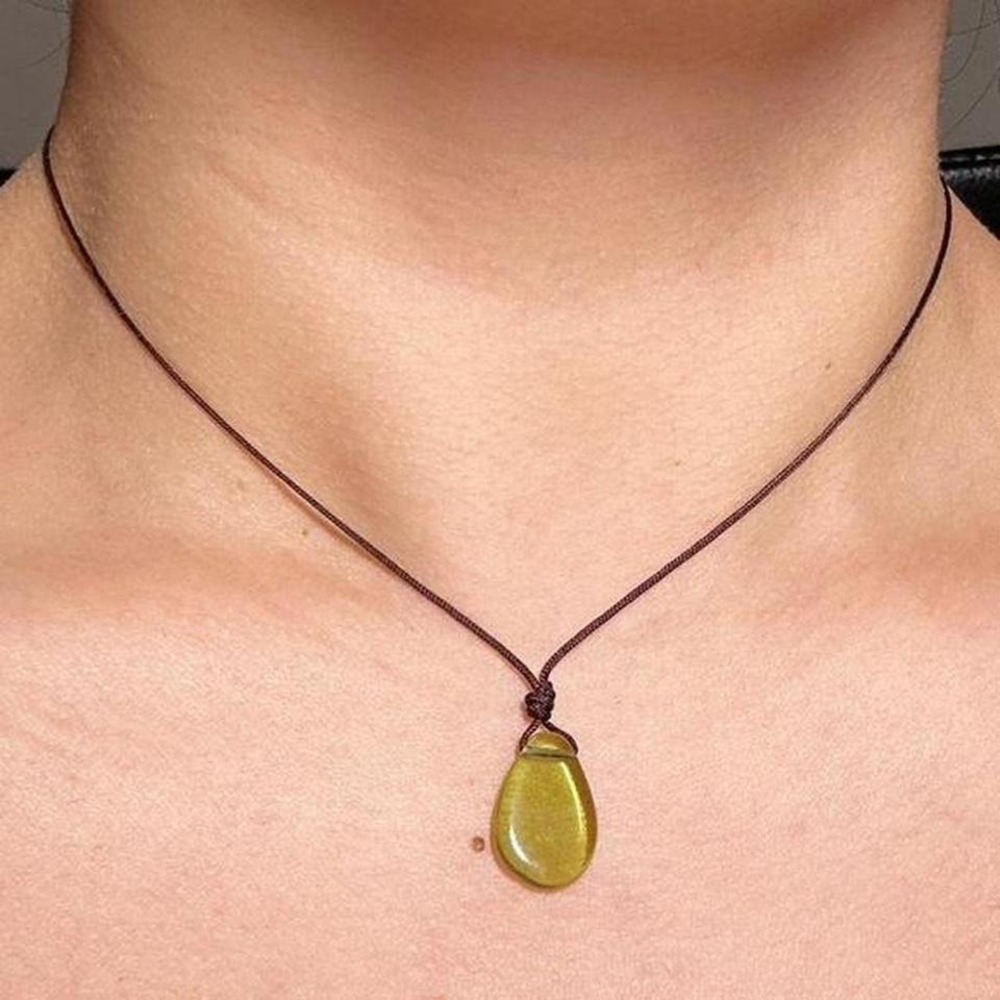 Handmade Olive Green Glass Drop Necklace Boho Adjustable Cord Earthy Cottagecore